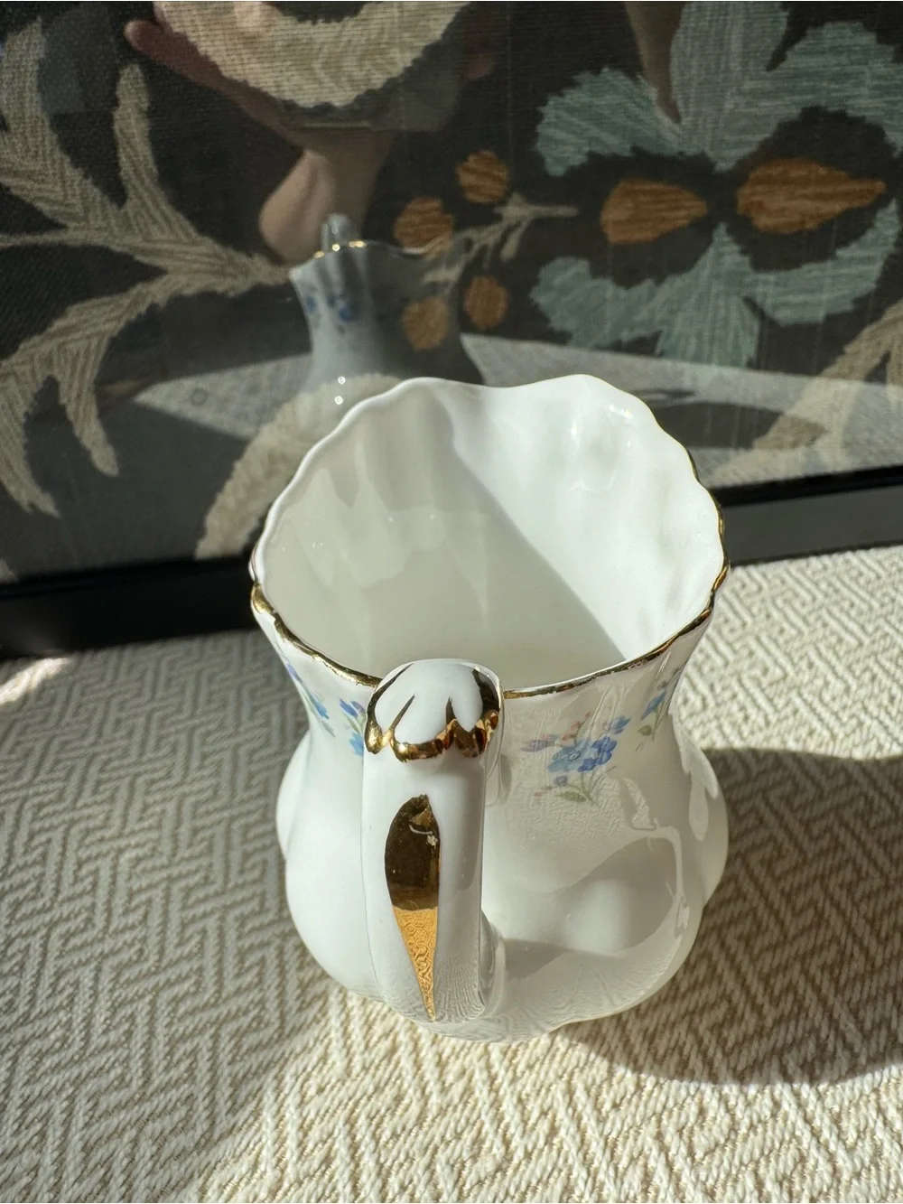 Royal Albert White Porcelain Creamer with Blue Floral Motif and Gold Trim
